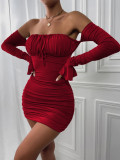 Off Shoulder Full Sleeve Ruched Stacked Dress