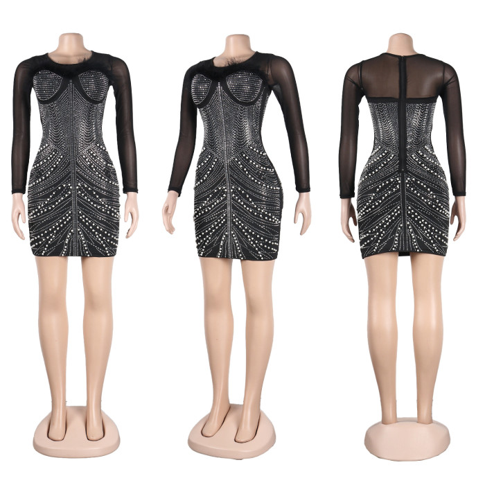 Pearl Mesh Sexy Party Dress With Feather