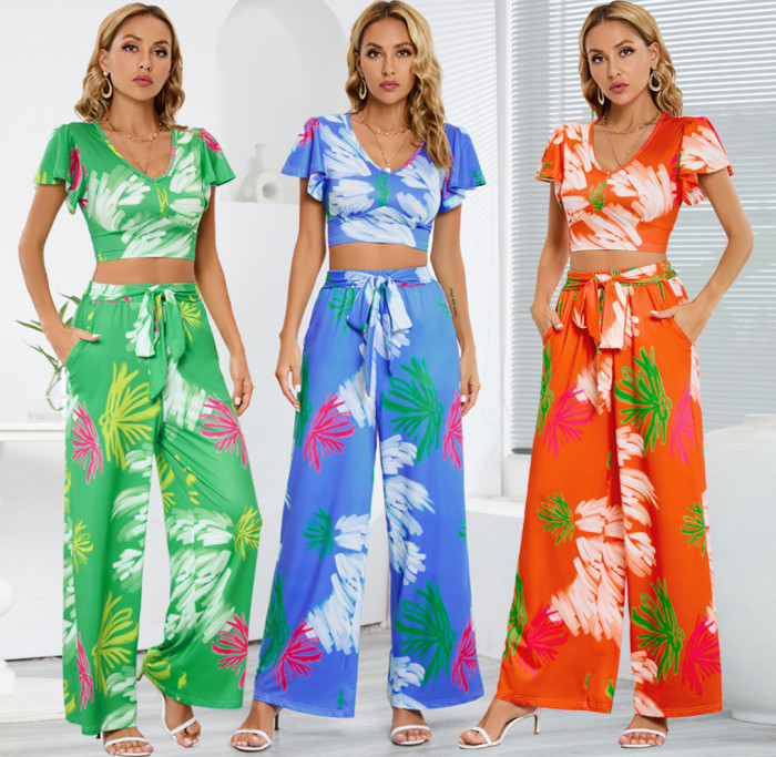 Printed Wide Leg Trousers Two-piece Suit