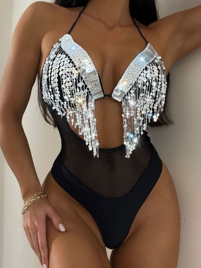 Sequin Mesh One Piece Cut Out Swimwear