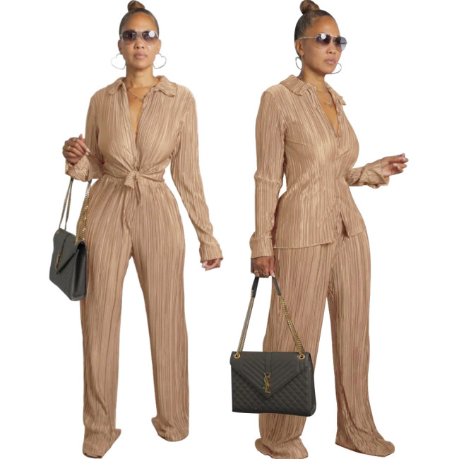 Solid Shirt And Wide Leg Pant Set 