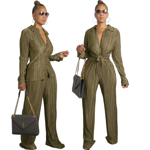 Solid Shirt And Wide Leg Pant Set 