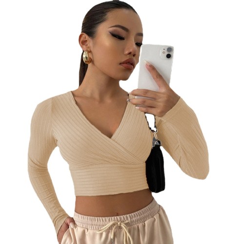 Long Sleeve V Neck Crop Top