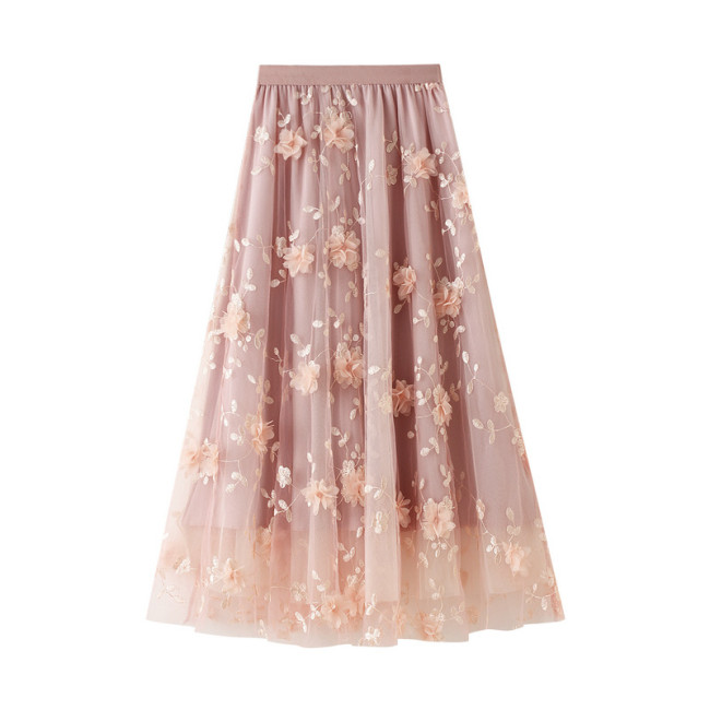 Flower Mesh Maxi Midi Skirt