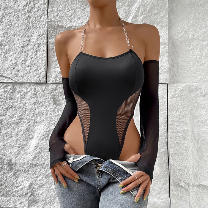 Chain Strap Sexy Bodysuit Top With Glove