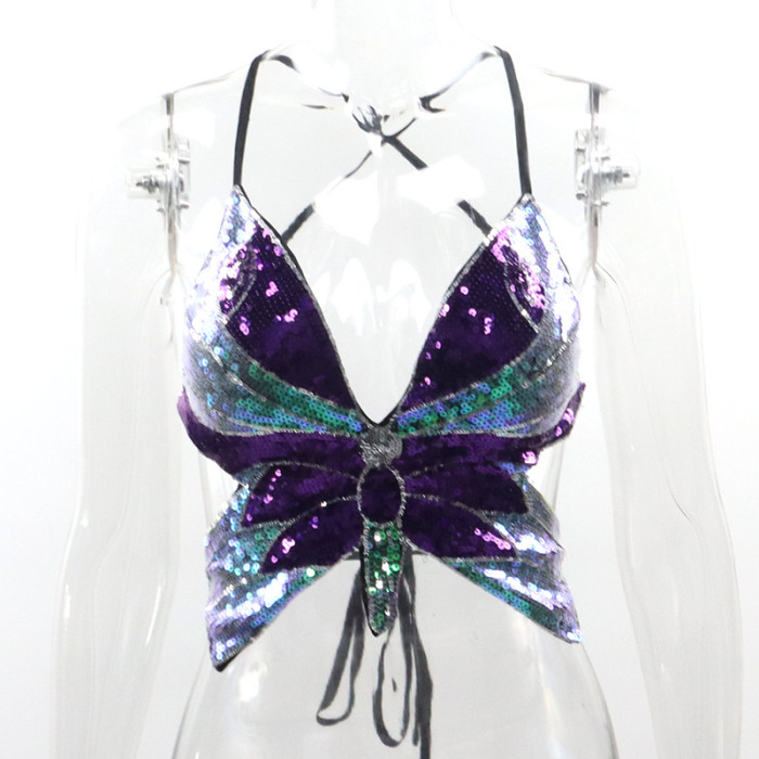 Sequin Butterfly Crop Tank Top