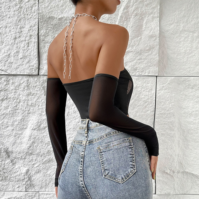 Chain Strap Sexy Bodysuit Top With Glove