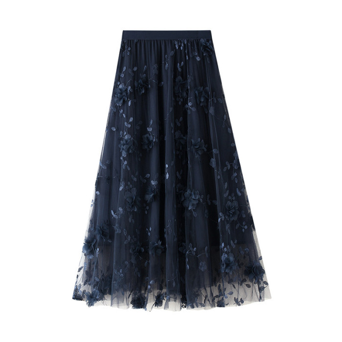 Flower Mesh Maxi Midi Skirt