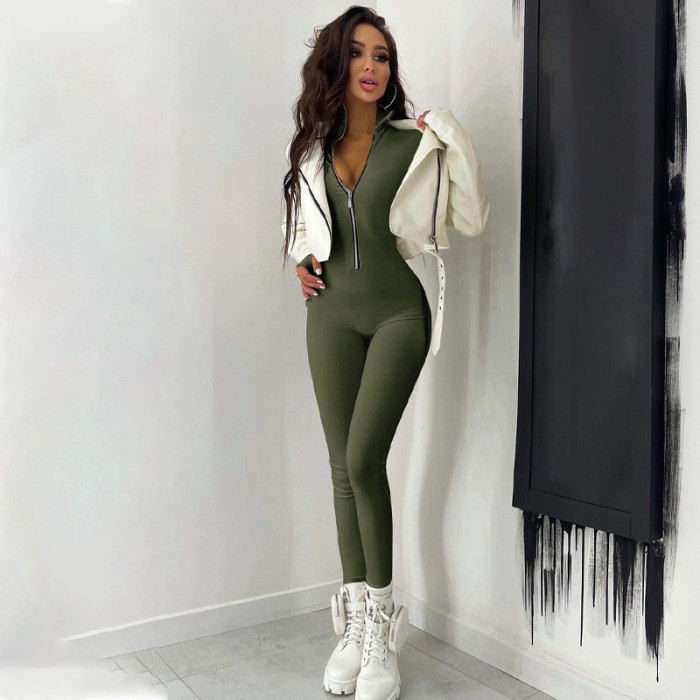 Solid color Long Sleeved Zippered Waist Slimming Exercise Yoga Jumpsuit