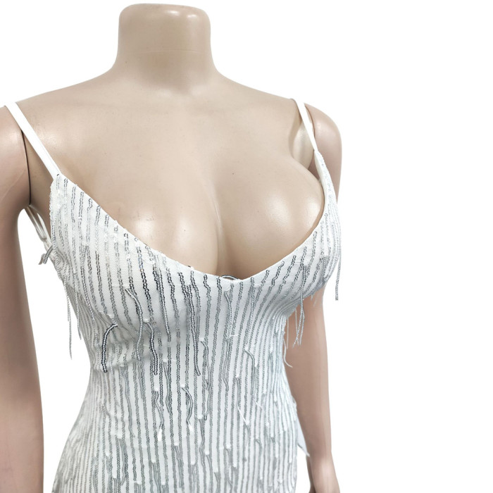Solid Color Beaded Sleeveless V-neck Backless Dress