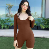 Solid Rib U Neck Long Sleeve Slim Fit Hip Lifting Sports Playsuits