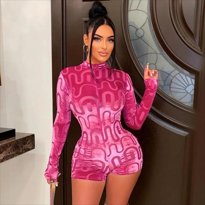 Velvet Ripple Print Round Neck Invisible Zipper Long-sleeve Bodysuit