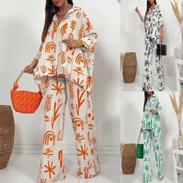 Pattern Print Wide Leg Pant Set 