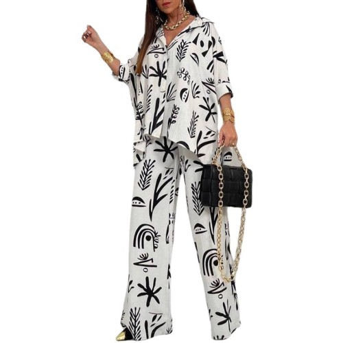 Pattern Print Wide Leg Pant Set 