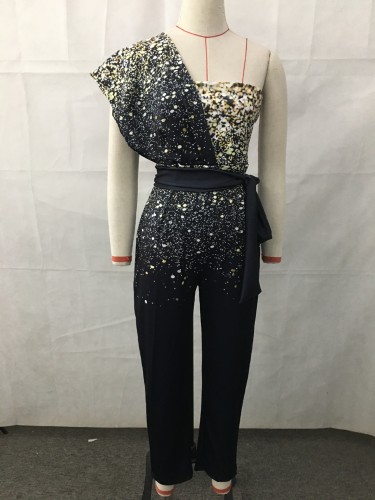 One Shoulder Sequin Patchwork One Piece Jumpsuit