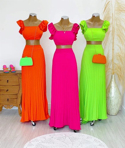 Crop Top 2 Piece Plated Maxi Skirt Set