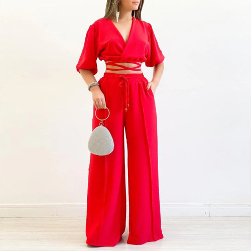 Short Sleeve Crop Top 2 Piece Wide Leg Pant