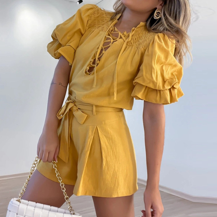 Lace Up Top With Shorts 2 Piece Matching Set