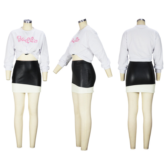 Letter T Shirt And Leather Skirt Set