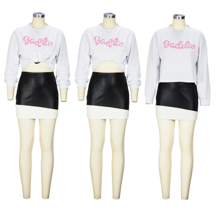 Letter T Shirt And Leather Skirt Set