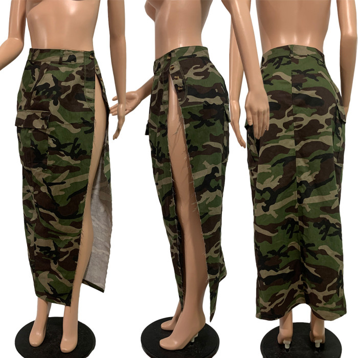 Camouflage Print Side Slit Midi Skirt