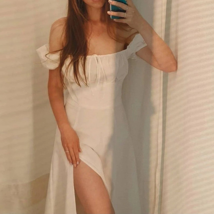 Short Sleeve Strapless Sexy Slit Long Dress