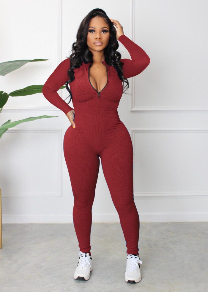 Ribbed Zipper Up One Piece Workout Jumpsuit