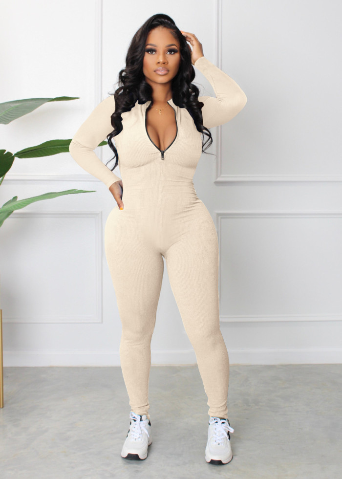 Ribbed Zipper Up One Piece Workout Jumpsuit