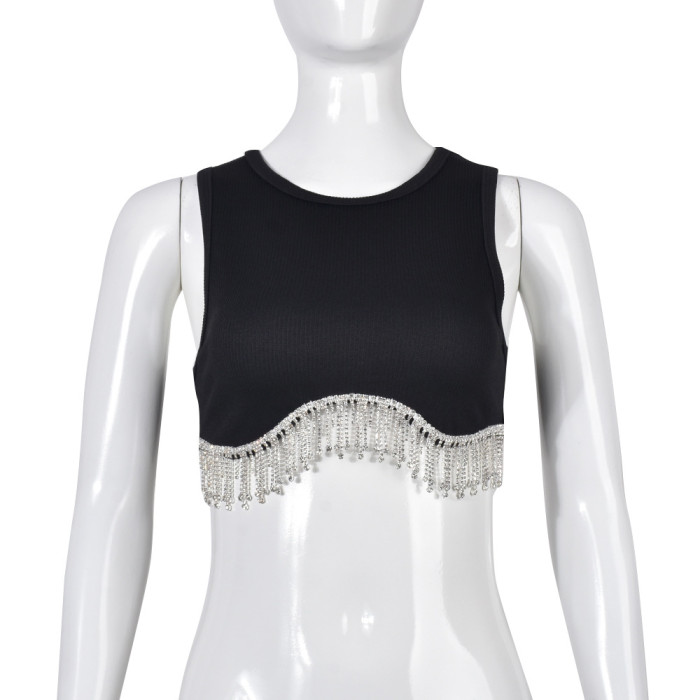 Bling Rhinestone Ribbed Crop Tank Top