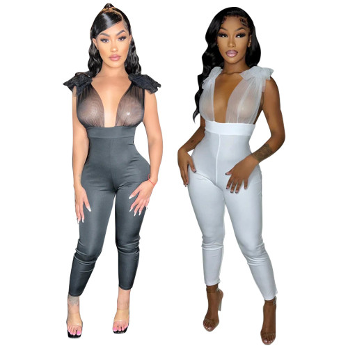 Mesh Sleeve Sexy V Neck Jumpsuit