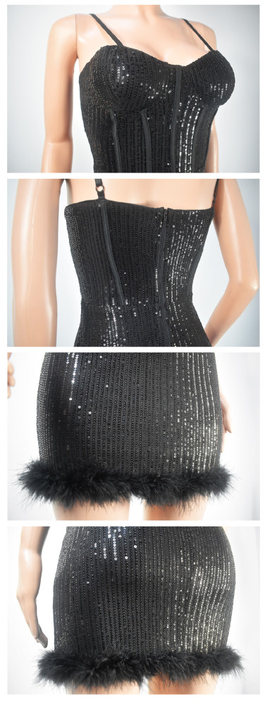 Sling Sequin Bodycon Dress With Fur