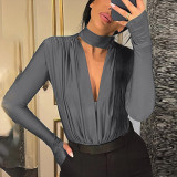Deep V Neck Ruffle Bodysuit Top