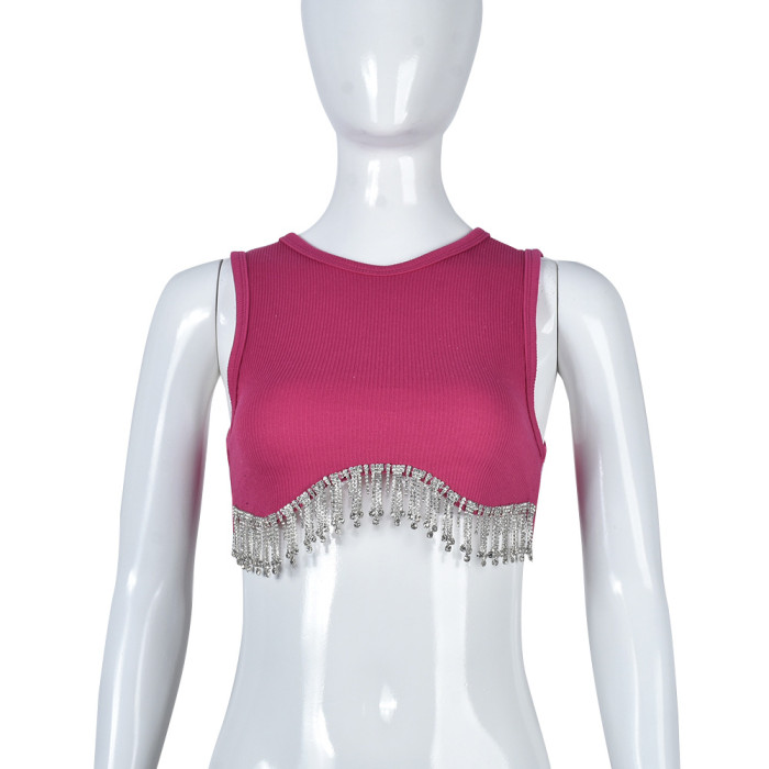 Bling Rhinestone Ribbed Crop Tank Top