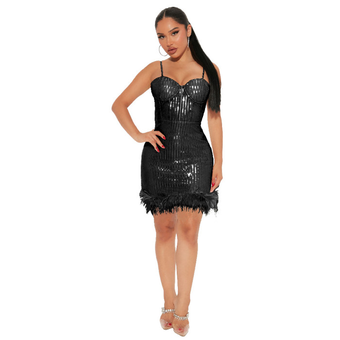 Sling Sequin Bodycon Dress With Fur