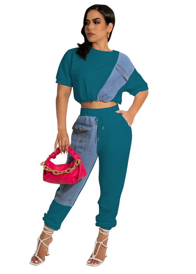 Fashion Solid Contrast With Denim Top And Pant Two Piece Set