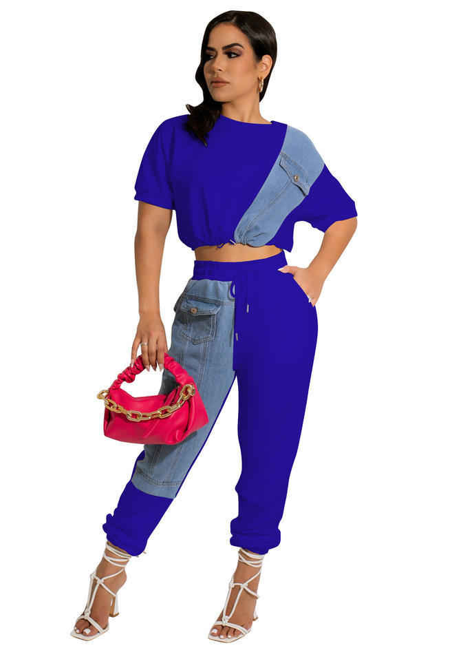 Fashion Solid Contrast With Denim Top And Pant Two Piece Set