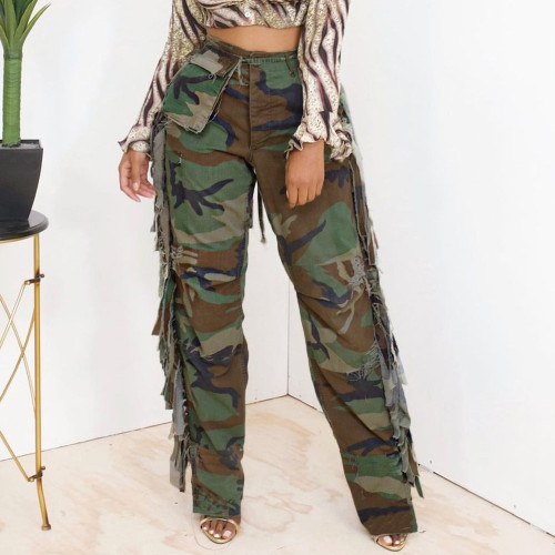 Camouflage Print Cargo Pant With Tassel