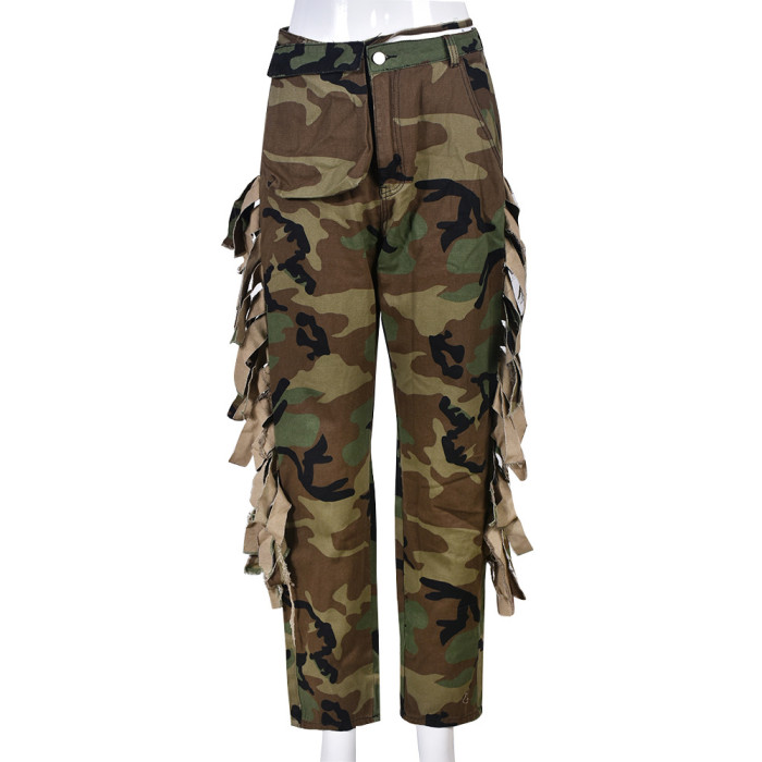 Camouflage Print Cargo Pant With Tassel