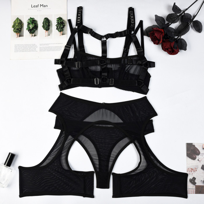 4 Piece Sexy Lingerie Garter Set Lace Underwire Bra and Panty Sets