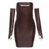 Strapless Pu Leather Pencil Dress With Golve