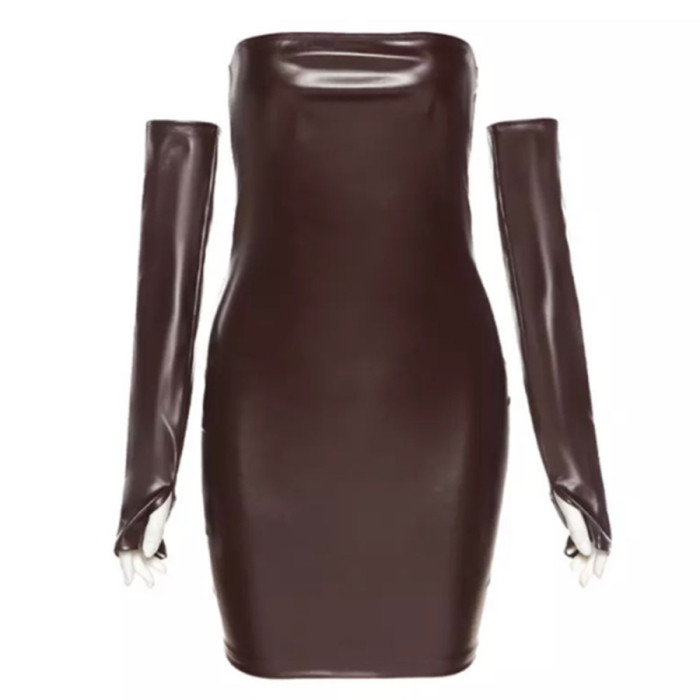 Strapless Pu Leather Pencil Dress With Golve