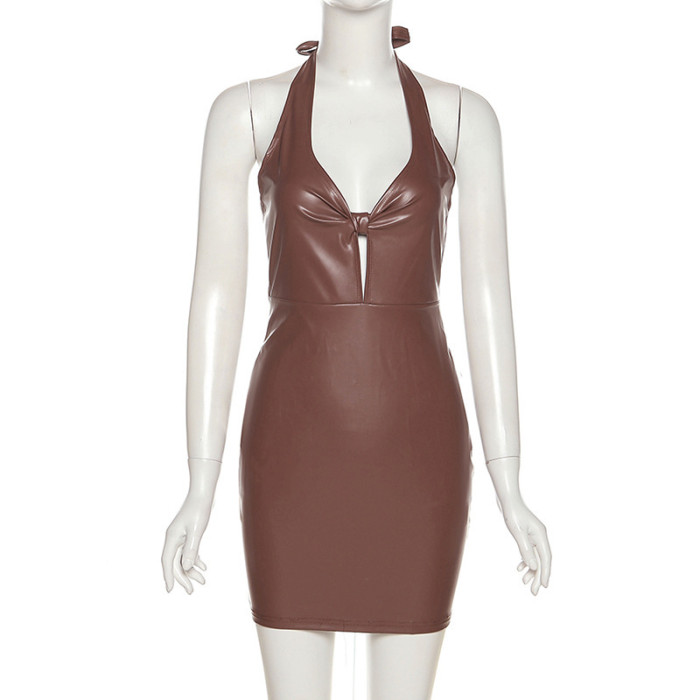 Halter Sexy Leather Bodycon Short Dress