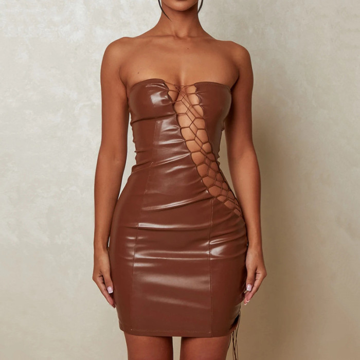 Hollow Out Bandage Pu Leather Sexy Dress