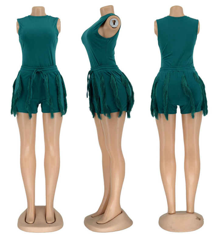 Fringed Lace Sleeveless Shorts Two-piece Bodysuit Suit