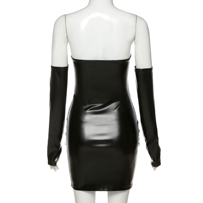 Strapless Pu Leather Pencil Dress With Golve