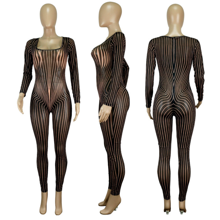 Striped Tight Bodycon Long Jumpsuit