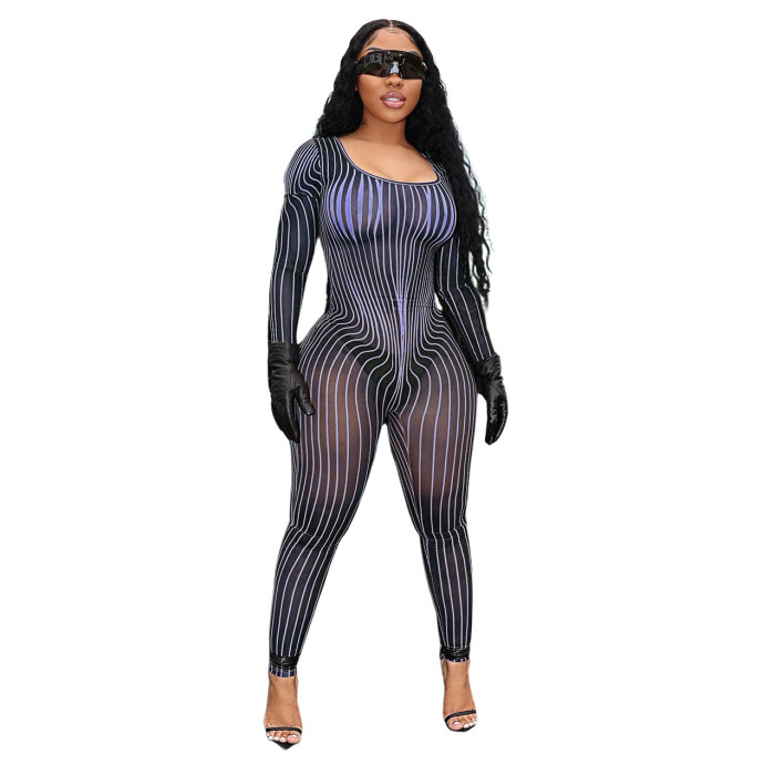 Striped Tight Bodycon Long Jumpsuit