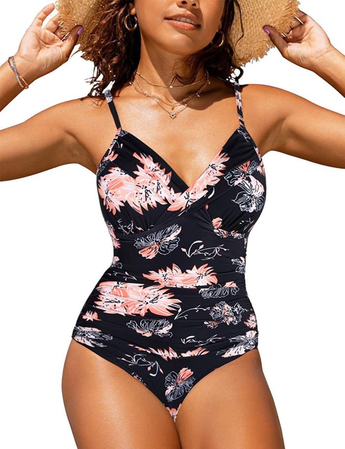 Sexy Cross V-Neck Ruched Tight Fitting One Piece Bikini Swimsuit
