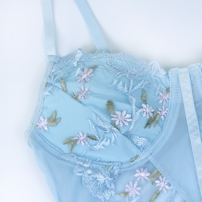 Blue Lace Embroider Bodysuit Top