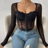 Sexy Lace Mesh Breasted Fishbone Square Neck Long Sleeved Women's top